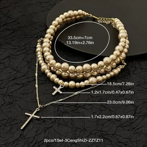 Vintage Style Pearl Layered Choker & Gold Cross Pendant Necklace Set - Picture 5 of 6